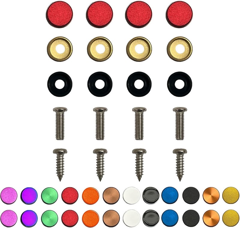 NAROWAN Color: Red - License Plate Screws - Stainless Steel, Set of 4 Fasteners - for Front or Rear License Plates, Frames or Covers on Car, Truck, SUVs - Rustproof, Self Tapping and M6 Screws Aluminum caps - Image 1